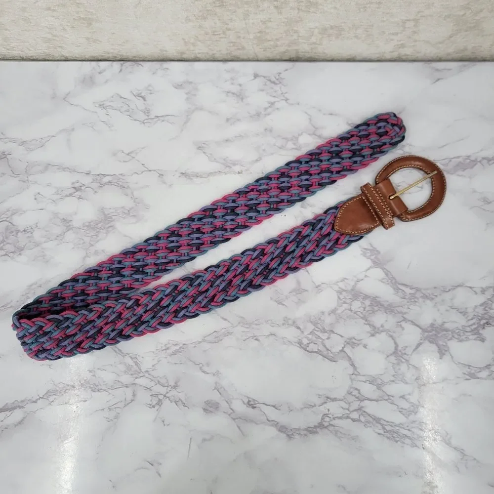 Vintage L.L. Bean Braided Cord Belt Pink Teal Navy Leather Buckle